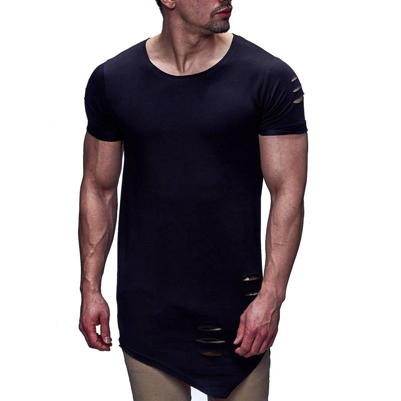 Online discount shop Australia - Latest Men's Hip Hop Clothing Streetwear Male Ripped Hole Design T-shirt High Street O-neck Slim Fit Tops Tees T17