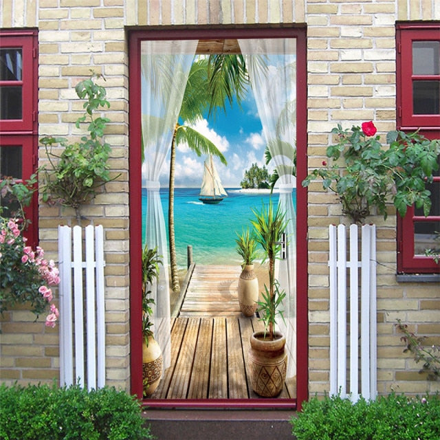 Landscape Door Stickers 3D Removable Adhesive Wallpaper Art Murals for Doors Bibliotheque Modern Home Decor