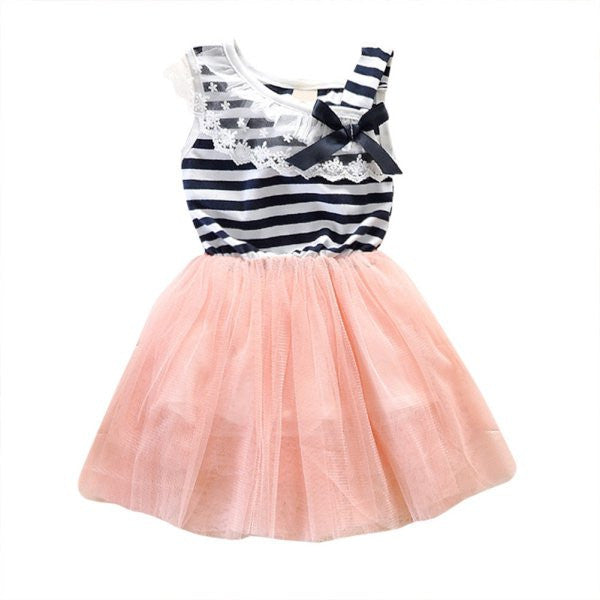 Online discount shop Australia - Baby Girls Cotton Sleeveless Dresses Lace Bow-knot Striped Bubblet Tutu Dress 1-4Y
