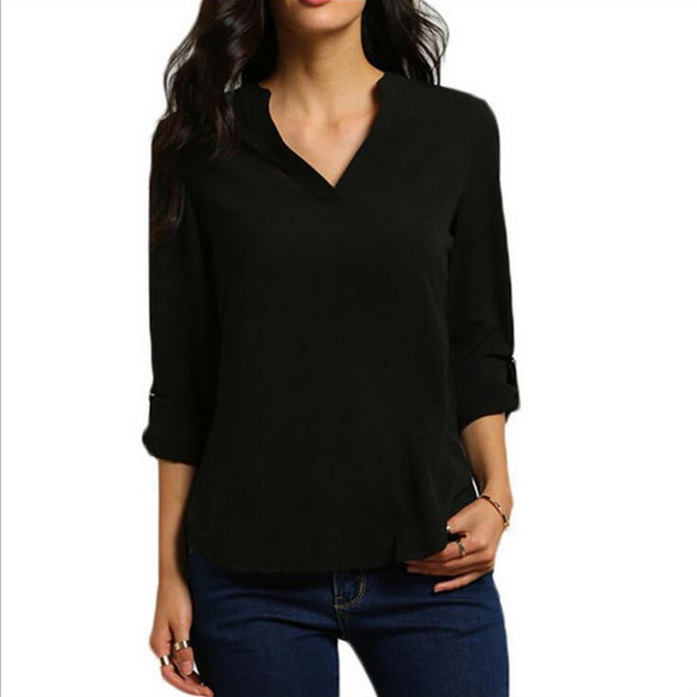 Women V Neck Solid Chiffon Blouse Tops Fashion OL Long Sleeve Shirt Blouses 4 Colors Size M-XXL