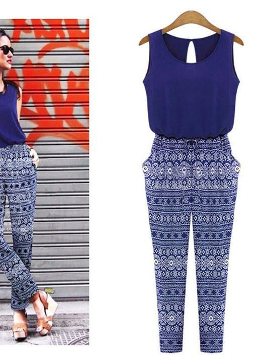 Women Jumpsuit Print O-neck overalls Fashion Sleeveless Loose Slim Rompers Jumpsuits Playsuit