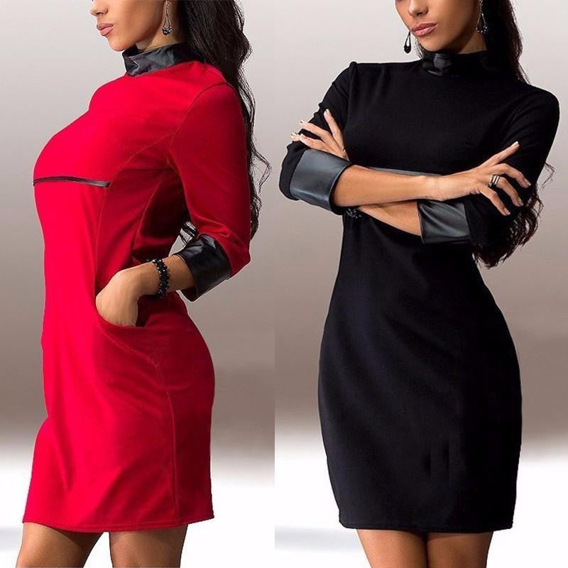 Women Three Quarter Sleeve Dresses PU Leather Sleeve Clubwear Dress Solid Color Dress
