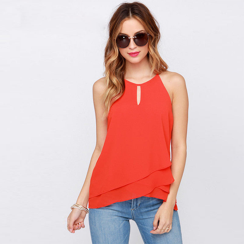 tropical fashion hem-line shirt pullover o-neck chiffon blouse women tops C274