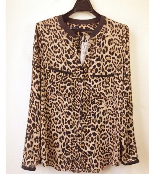 Online discount shop Australia - Europe Women Fashion star pattern shirt pocket leopard Print Long sleeve Shirts Blouse Plus Size Loose Tops