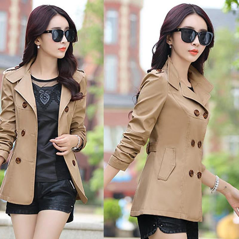 Women Fashion Slim Coats Plus Pockets Double Breasted Design Slim Lady Trench