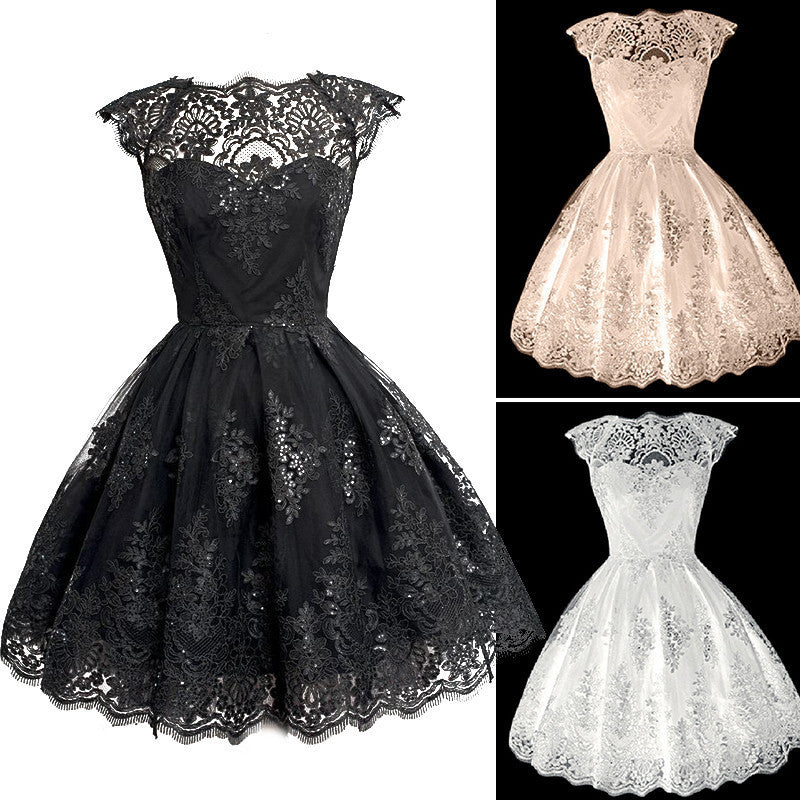 Online discount shop Australia - 2017 New Fashion Women Clothing Elegant ShortSleeve Black/White Lace Dress Vestidos Formal Wedding Mini Tutu Party Dresses Q2253
