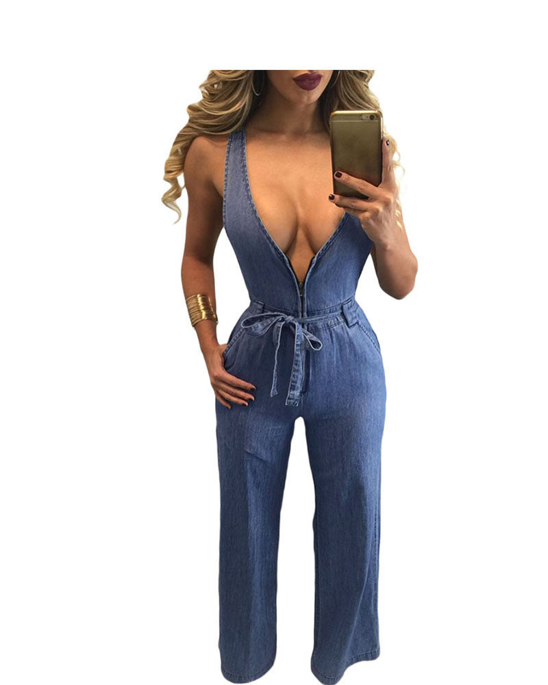 Rompers Women Denim Jeans Slim Casual Romper Plunge Neck Open Back Denim Jumpsuit LC64172 Full Length Overalls