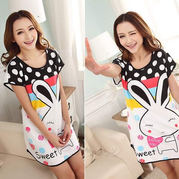 Women Cartoon Polka Dot Sleepwear Short Sleeve Sleepshirt Sleepdress