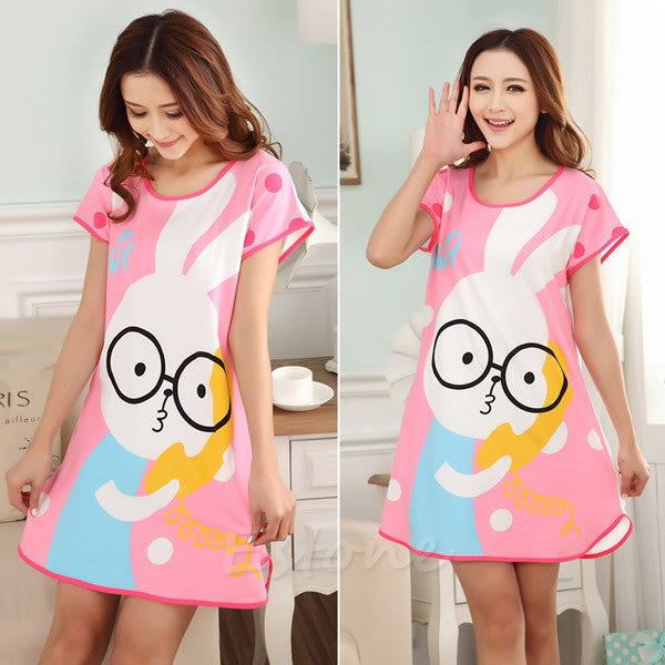 Women Cartoon Polka Dot Sleepwear Short Sleeve Sleepshirt Sleepdress