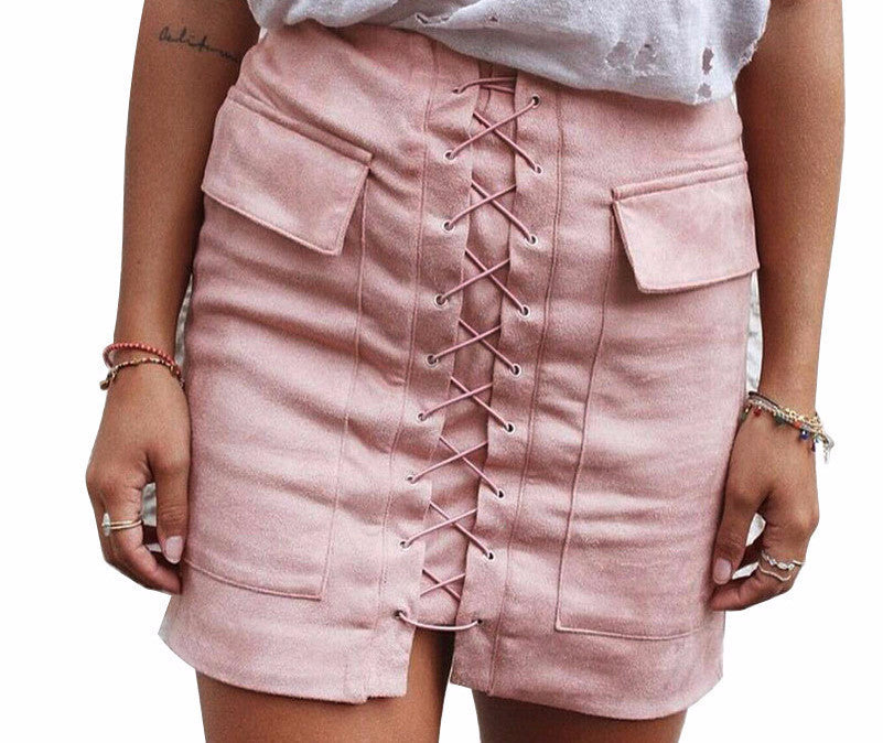 Online discount shop Australia - Fashion Womens Lace-up Leather Suede Pencil Skirt  Cross High Waist Mini Skirt Zipper Split Bodycon Short Skirts