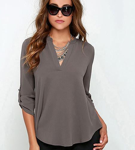 Women's Stylish V Neck Rollable Sleeve Loose Solid Chiffon Blouse Shirt