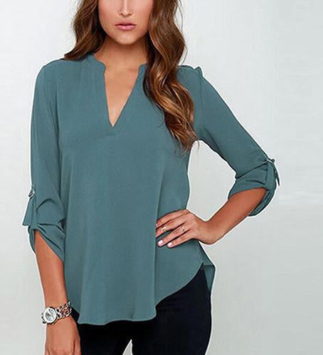 Women's Stylish V Neck Rollable Sleeve Loose Solid Chiffon Blouse Shirt