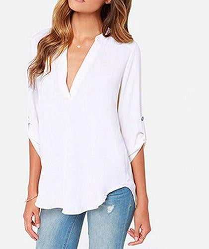 Women's Stylish V Neck Rollable Sleeve Loose Solid Chiffon Blouse Shirt