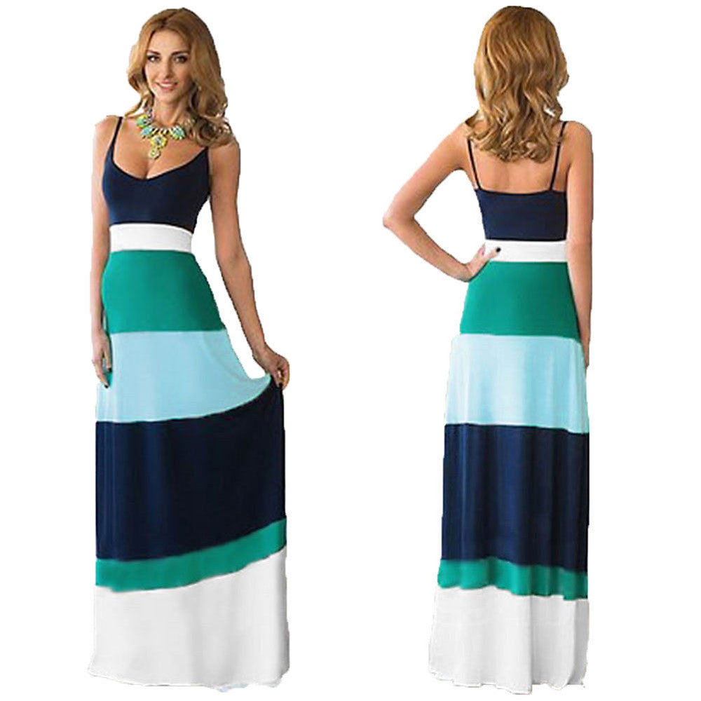 Women Bohemia Long Maxi Dress Summer sling Dress Splicing color stripe dress vestido de fiesta Trendy16