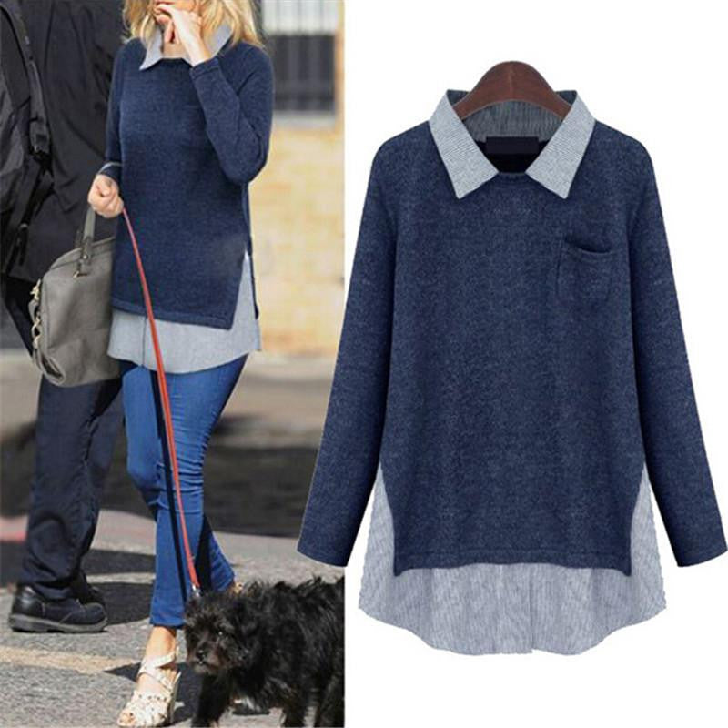 Online discount shop Australia - Shirt Pullovers Patchwork Casual Oversize Jumper Knitwear  Polo Knitted Pullovers Blouse MY055