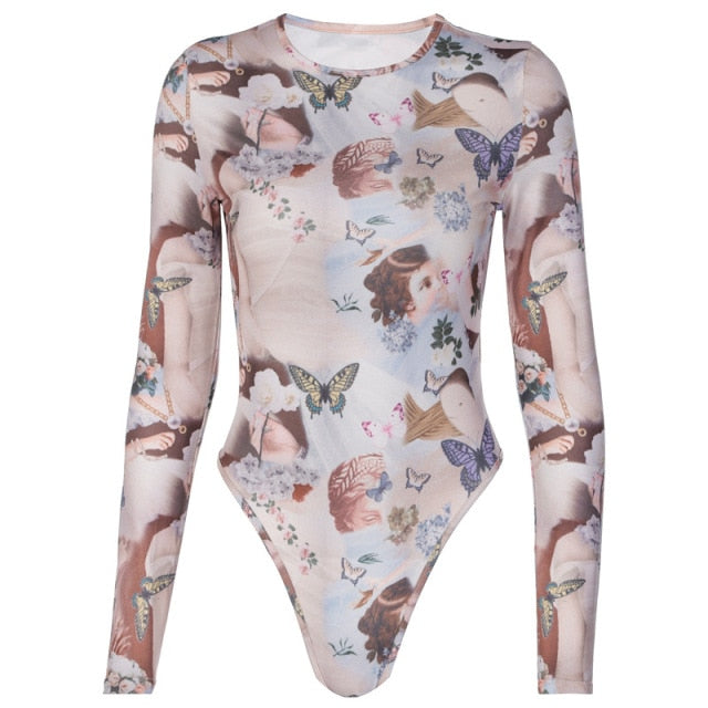 Butterfly Angel Printed Bodysuits Women Bodycon Slim Sexy Round-neck Overalls Body Open Crotch Lady