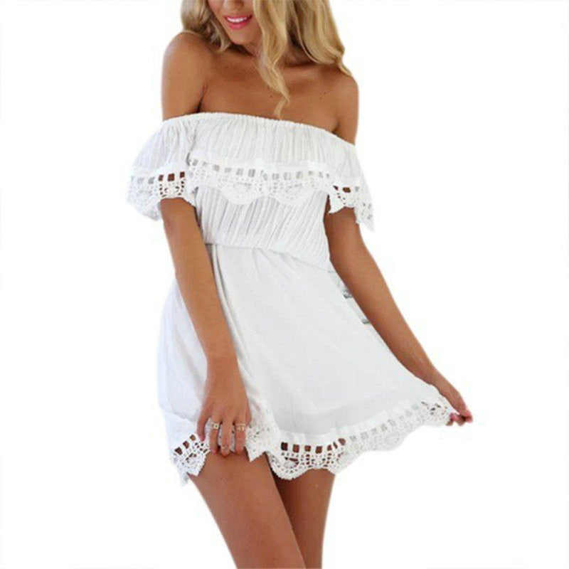 Online discount shop Australia - Fashion Women Dress Elegant Vintage Sweet Lace White Stylish Sexy Slash Neck Casual Slim Beach Summer Sundress Black White