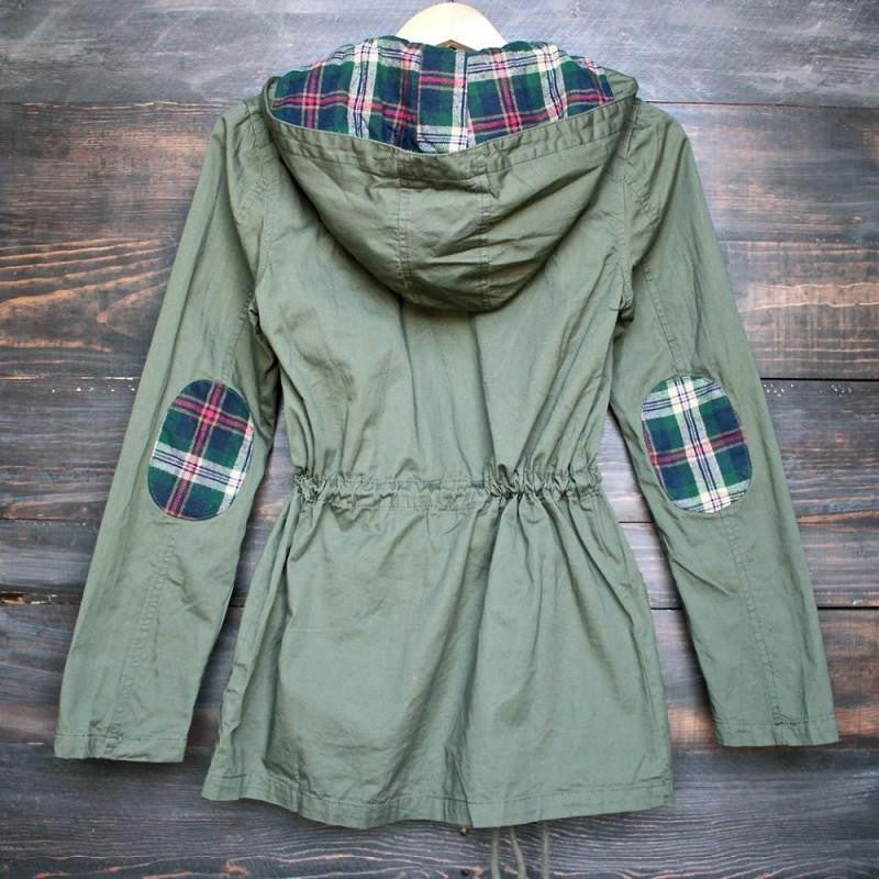 Women Jackets Casual Ladies Long Sleeve Plaid Hooded Military Parka Army Green Outerwear ZM0089