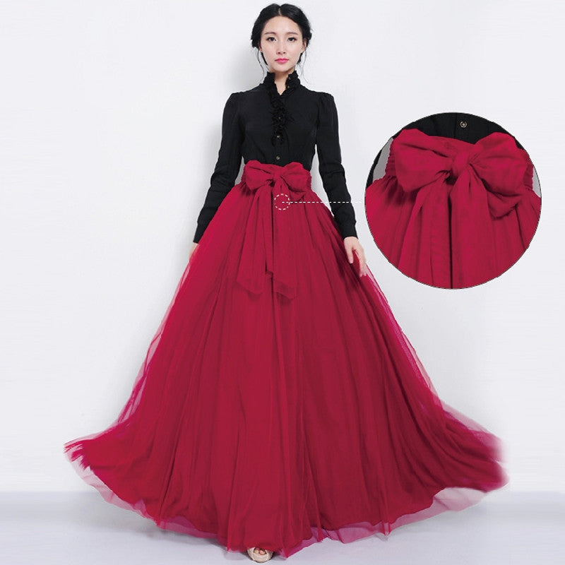 Pleated mesh swing maxi skirts women bandage designer Red high waist tutu long tulle skirt