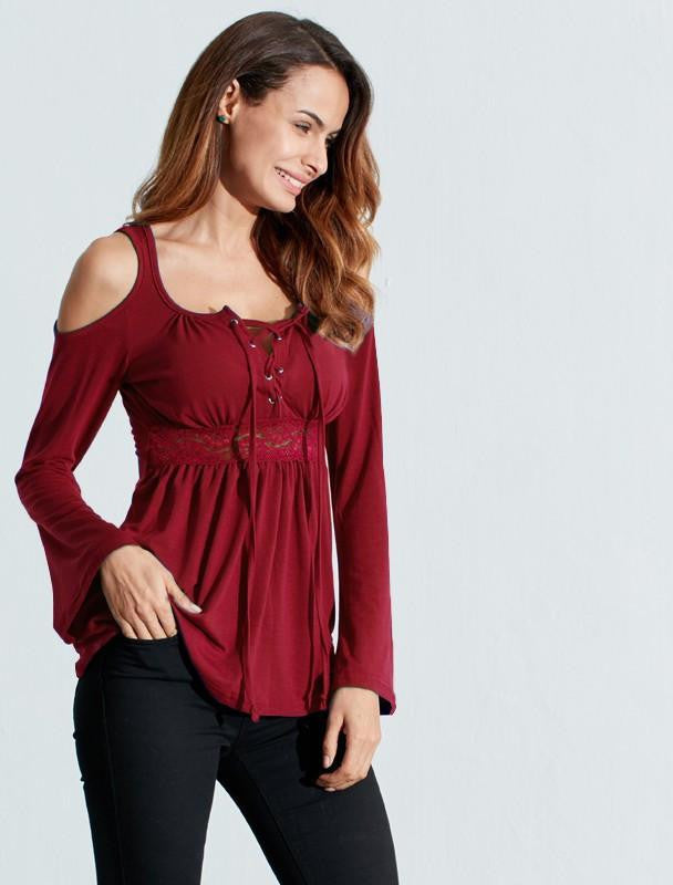 Women V Neck Long Sleeve Off Shoulder Lace Up Casual Tops Tee Solid Shirts Plus Size