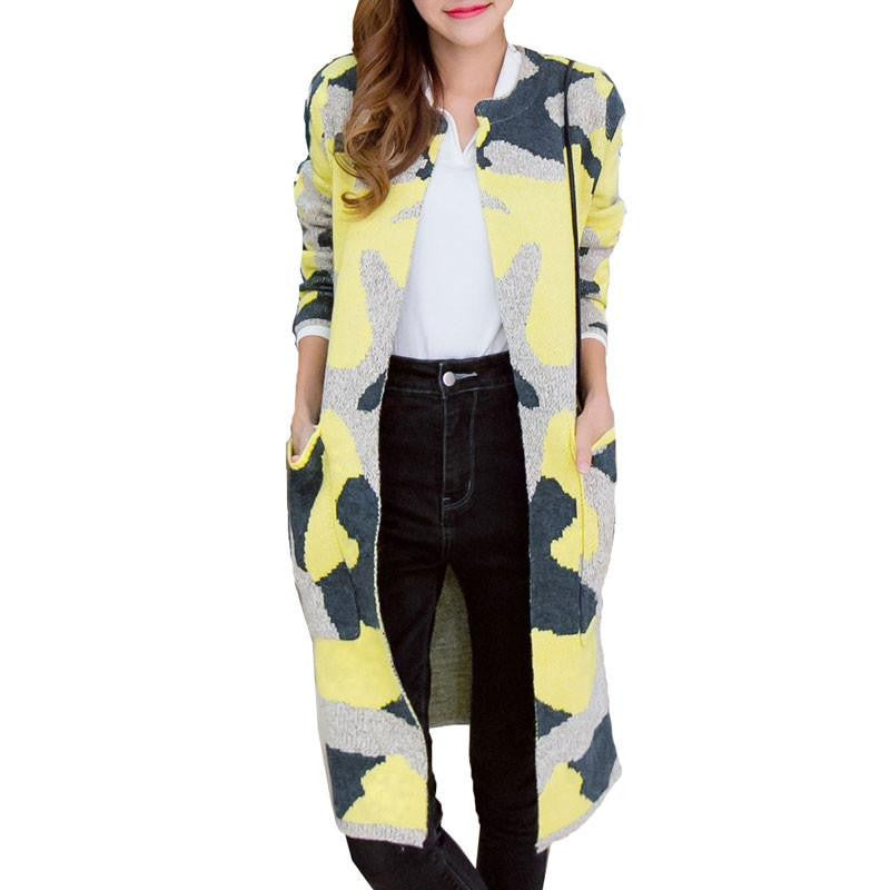 Women Trench Coat Fashion Camouflage Color O-Collar Open Stitch Long Ladies Coat Outwear