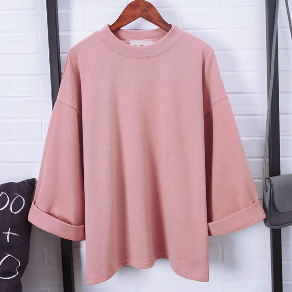 Solid Cotton Women Fashion T-shirt High Collar Three Sleeve Casual All-match Female T-shirt