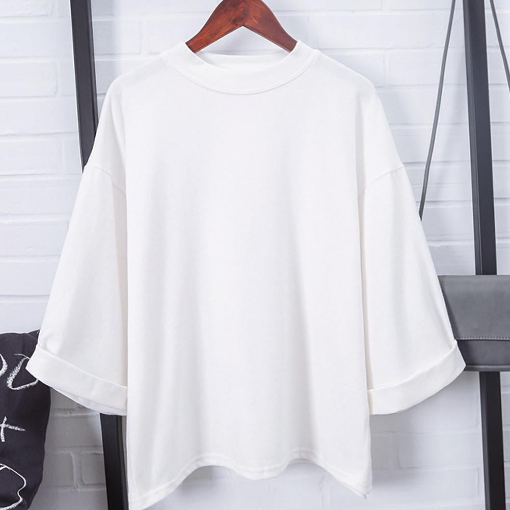 Solid Cotton Women Fashion T-shirt High Collar Three Sleeve Casual All-match Female T-shirt