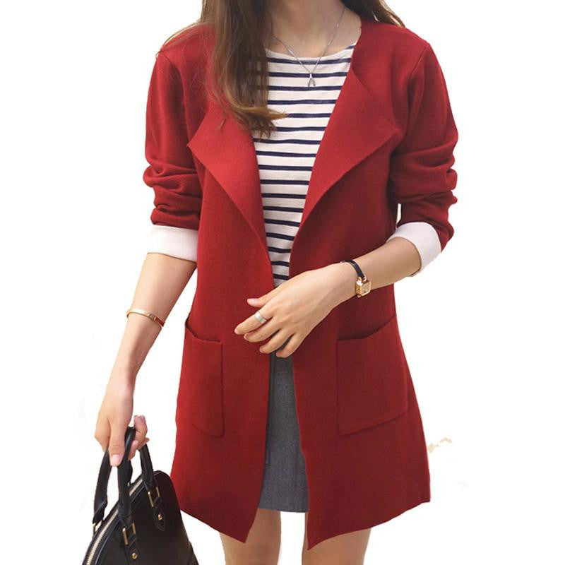 Women Sweater Cardigan Turn-down Collar Causal Pockets Full Sleeve Patchwork Cardigans Long Coat