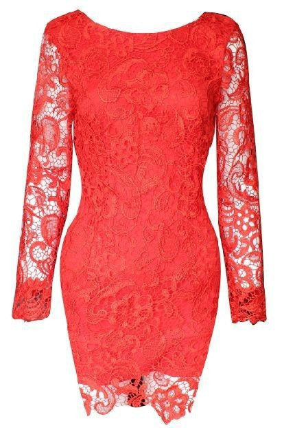 Fashion Solid Color Hollow Out Women Backless Dress Long Sleeve Plus Size Lace Short Dress