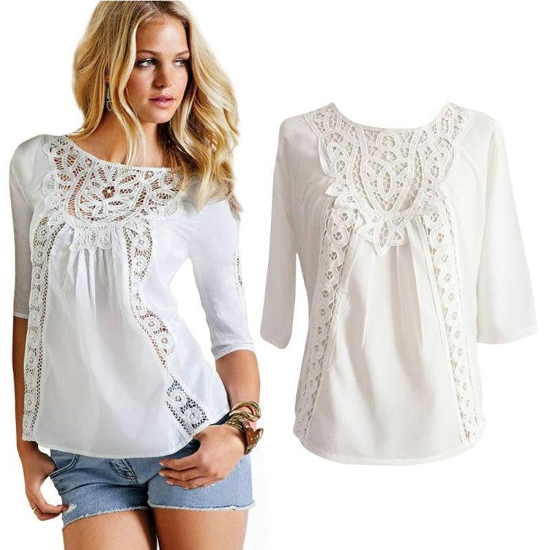 Women Blouse Loose Casual Lace Crochet Chiffon 3/4 Sleeve Shirt White Tops