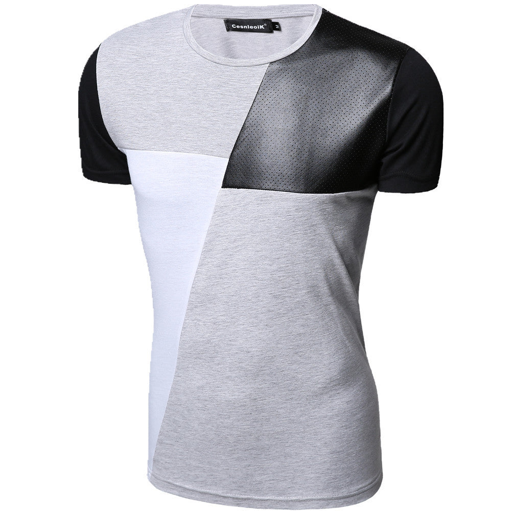 Online discount shop Australia - M-XXL PU Leather T Shirt Men High Quality Splice short Sleeve T-Shirt Fashion Cotton Casual O-Neck hip hop Mens Tops Tee T103