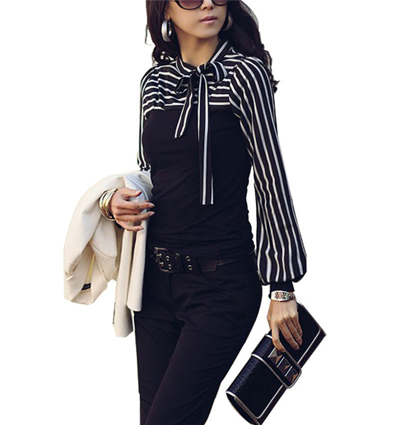 Online discount shop Australia - Fashion OL Tops Women Ladies Stripe Lantern Long Sleeve Turtleneck Bowknot Slim Shirts Blouses