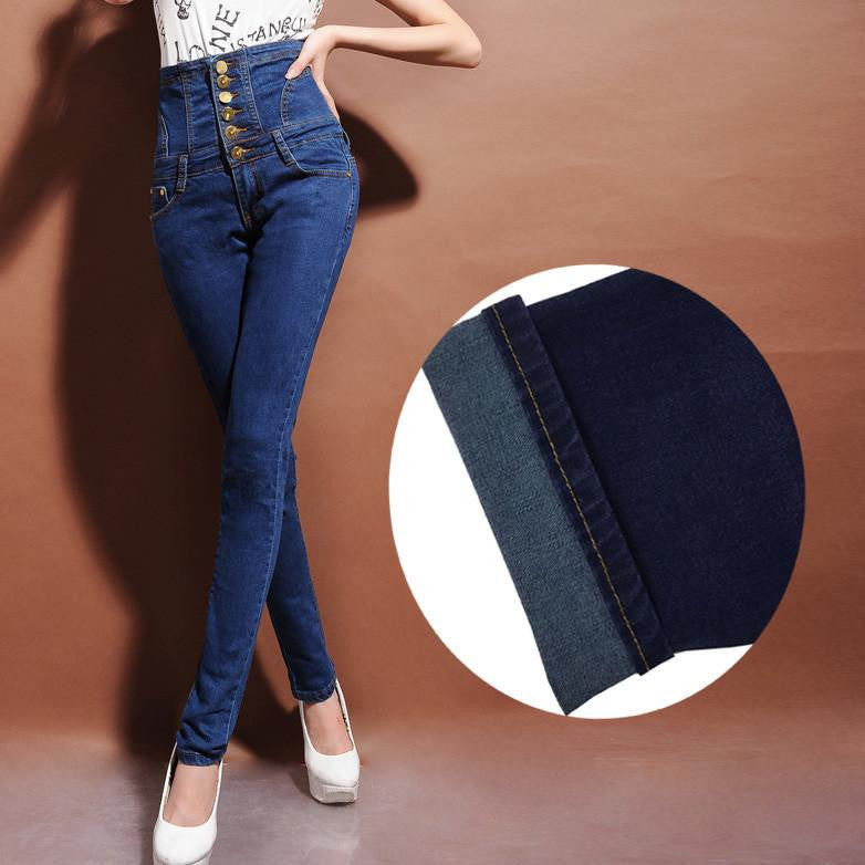 Women's warm fleece and unlined high waist jeans skinny elastic denim pencil pants Plus large size buttons long trousers