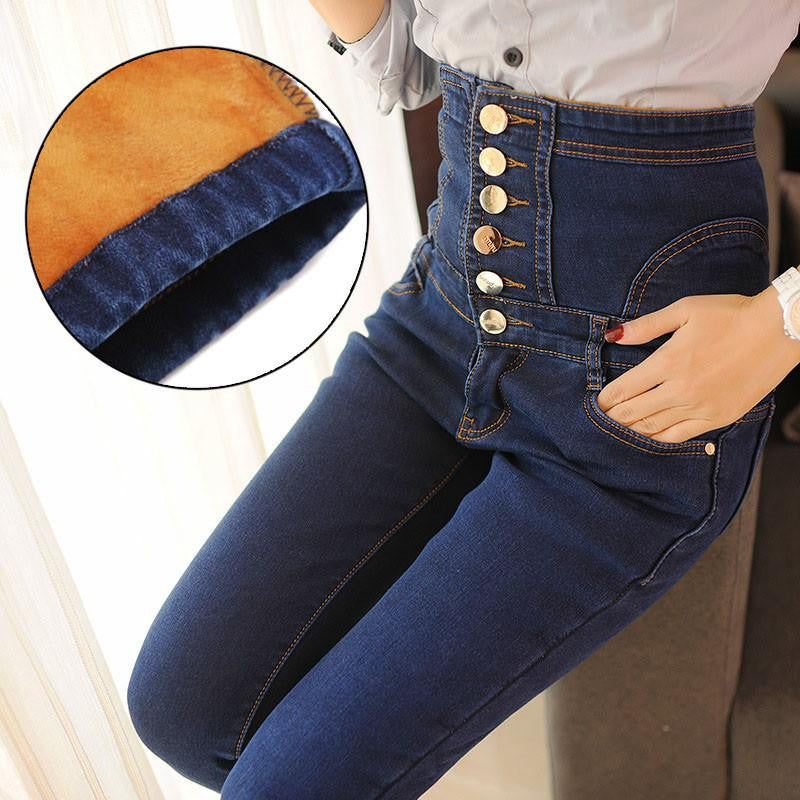 Women's warm fleece and unlined high waist jeans skinny elastic denim pencil pants Plus large size buttons long trousers