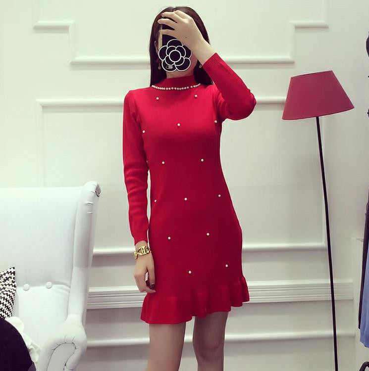 Women Dress Solid Color Beading Collar Sweet Graceful Knitting Dress Long-sleeved Winter Bottom Dress 7color