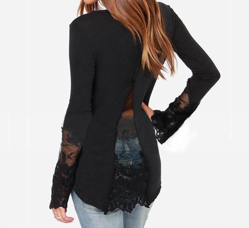 Women Shirts O-Neck Long Sleeve Lace Patchwork Casual Slim Blouse Tops