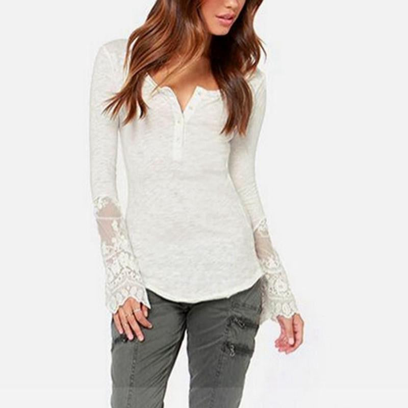 Women Shirts O-Neck Long Sleeve Lace Patchwork Casual Slim Blouse Tops