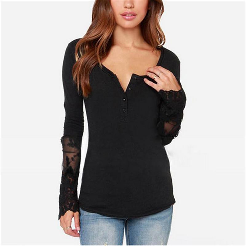 Women Shirts O-Neck Long Sleeve Lace Patchwork Casual Slim Blouse Tops