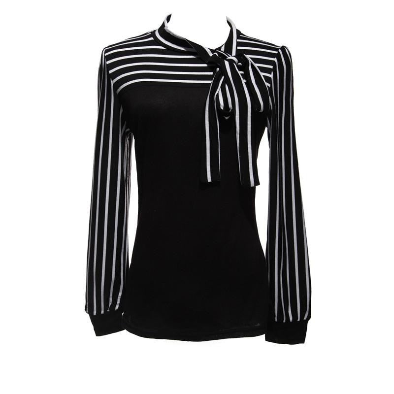 Women Blouse Shirt Fashion Black White Stripe Bowknot Tops Long Sleeve