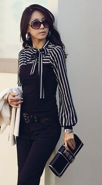 Women Blouse Shirt Fashion Black White Stripe Bowknot Tops Long Sleeve