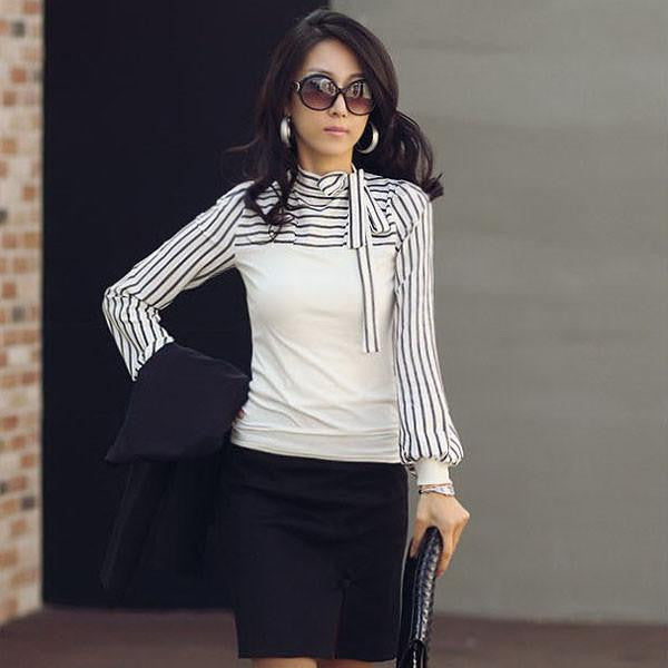 Women Blouse Shirt Fashion Black White Stripe Bowknot Tops Long Sleeve