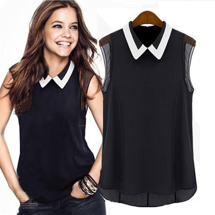 Women Short Sleeve Chiffon Blouse Fashion Casual Sleeveless Patchwork