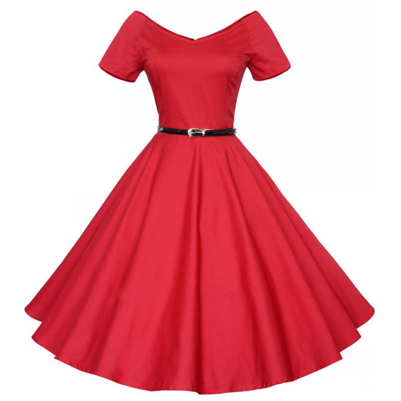 Womens Summer V-Neck Party Dresses 50s 60s Retro Style Ladies Rockabilly Swing Red Black Blue Vintage Dress Robe Femme