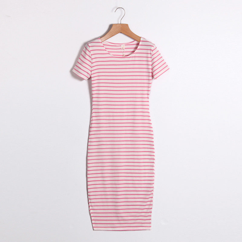 Online discount shop Australia - Casual Summer Women Dress Short Sleeve Round Neck Slim Fit Bodycon Dress Striped Side Split T Shirt Womens Dresses LJ3904R