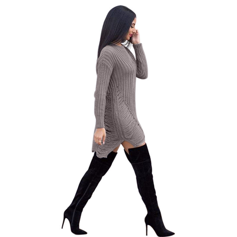Sedrinuo Casual Knitted Sweater Dresses Women Long Sleeve pullover Round Neck Bodycon Irregular Khaki/Black Loose Sweater Dress