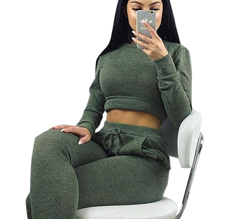 Solid Color Long Sleeve Bodycon Round Neck Two Pieces Outfits Crop Top Long Pants Women Rompers and Jumpsuits