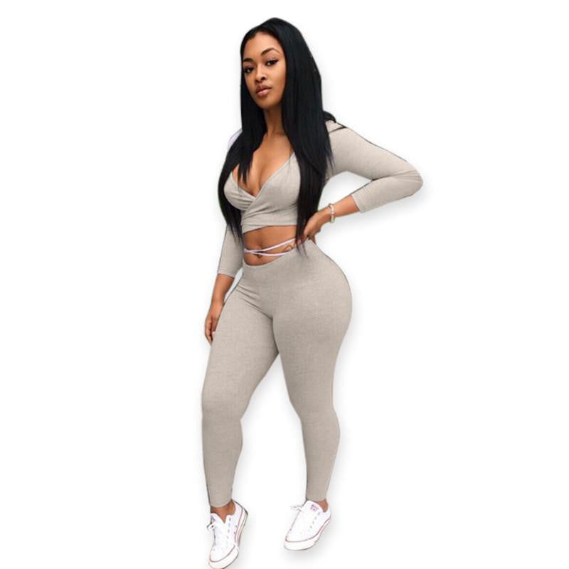 Women 2 Pieces Pants Rompers Womens Jumpsuit Bodycon V-Neck Long Sleeve Two Pieces Outfits Gray Playsuit