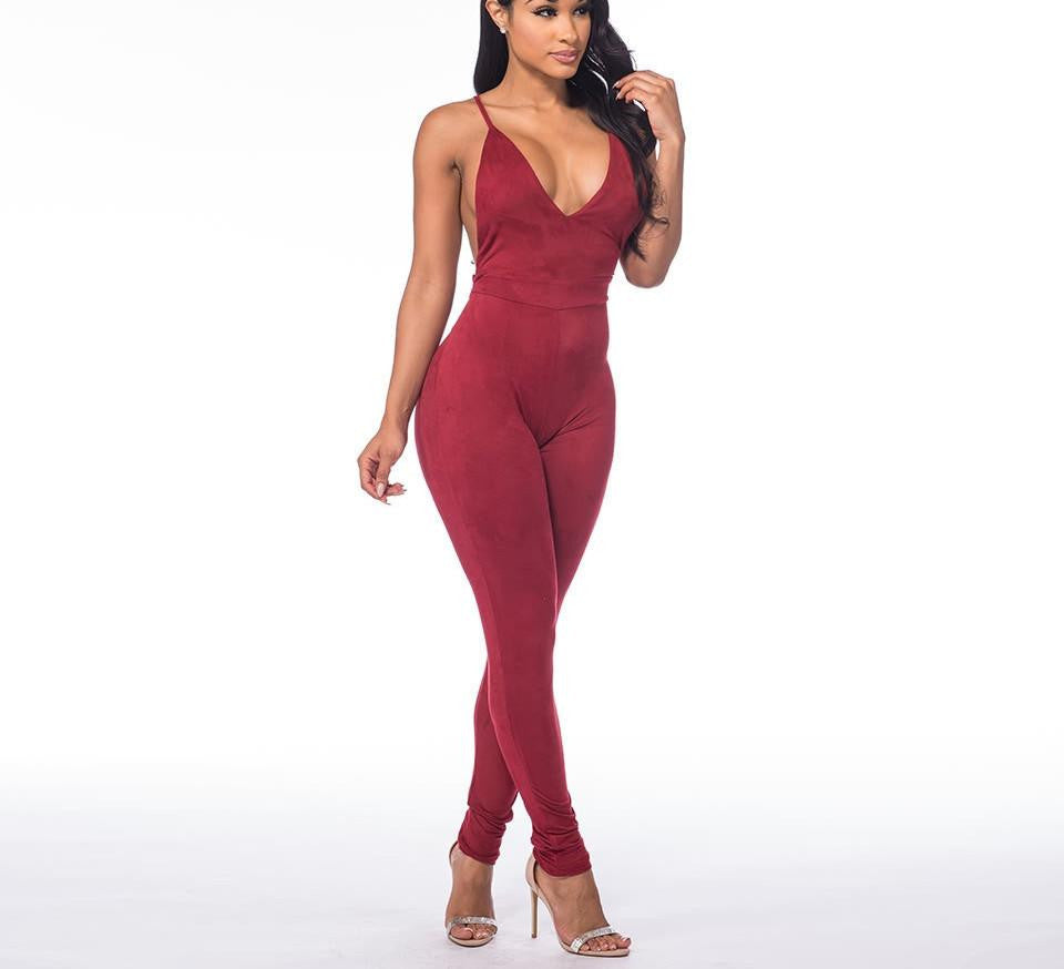 Sleeveless Elegant Jumpsuit Fashion Bodycon Deep V neck Halter Cross Suede Club Jumpsuits and Rompers for Women