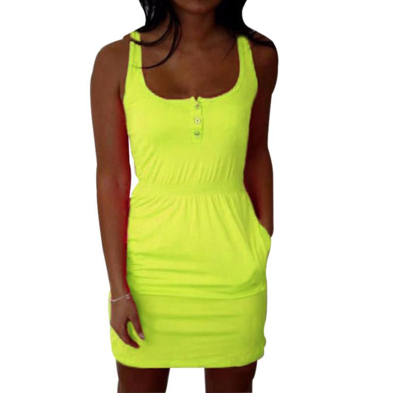 Women Candy Color Low Cut Buttons Pleated Waist Tank Dress Summer Arrival Women Plus Size 5XL Dress X0155