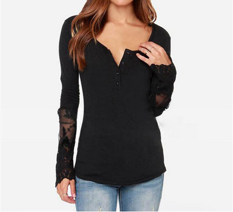 Women Lace Shirt Long Sleeve O-Neck Casual Slim Blouse Plus Size S-4XL